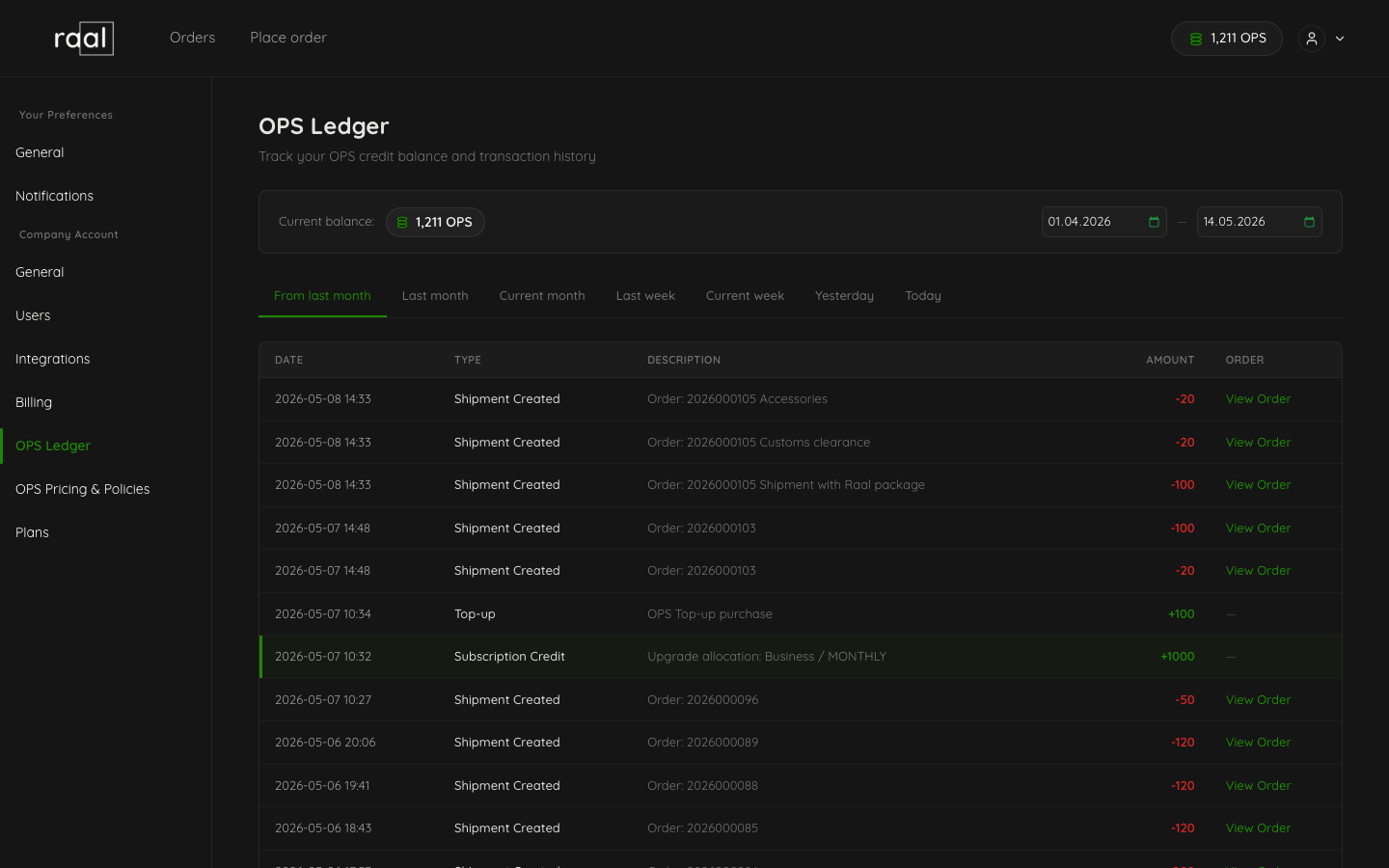OPS Ledger page showing current balance and transaction history