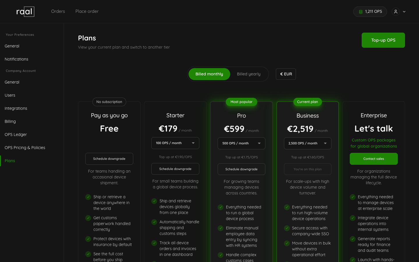 Plans page showing PAYG, Starter, Pro, Business and Enterprise options