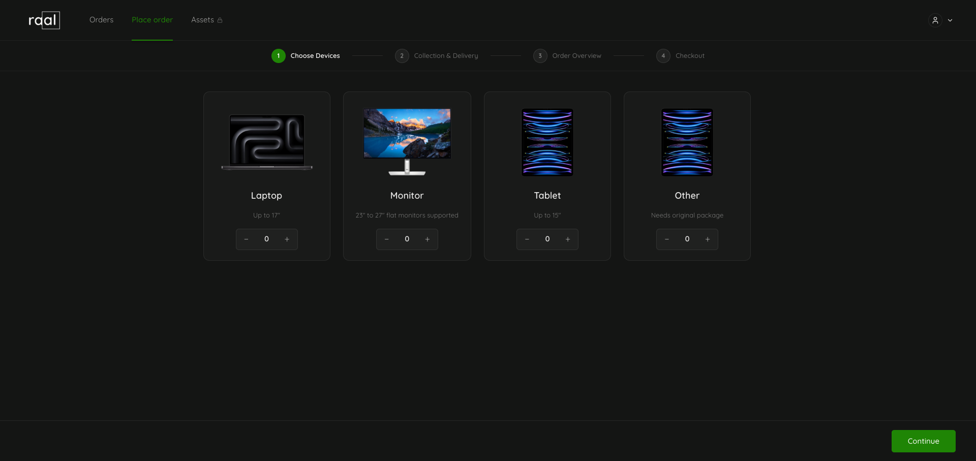 Step 1 of the order wizard, Choose devices to transport, with tiles for Laptop, Monitor, Tablet and Other