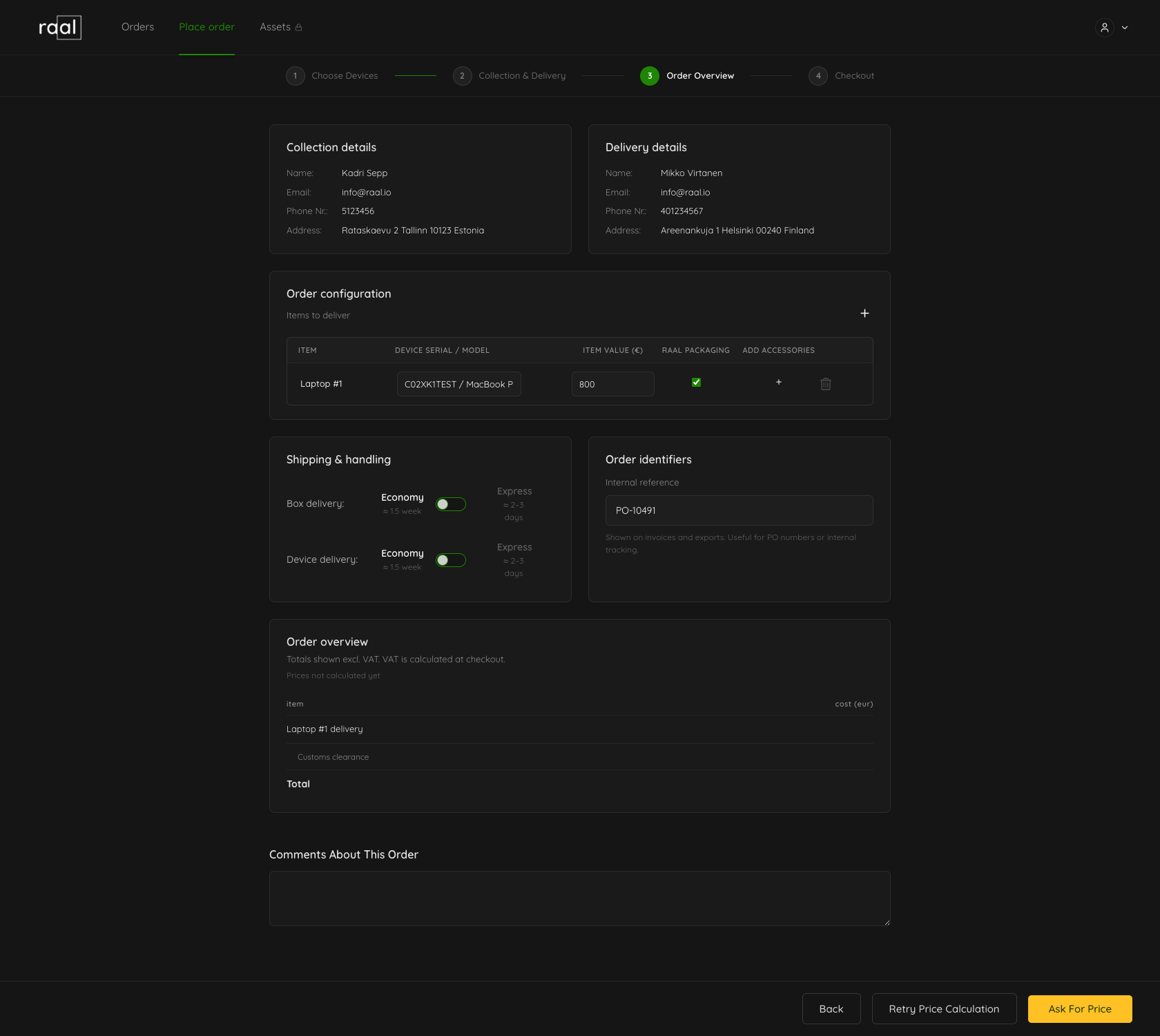 Step 3 of the order wizard after a failed price lookup, with Retry Price Calculation and Ask For Price