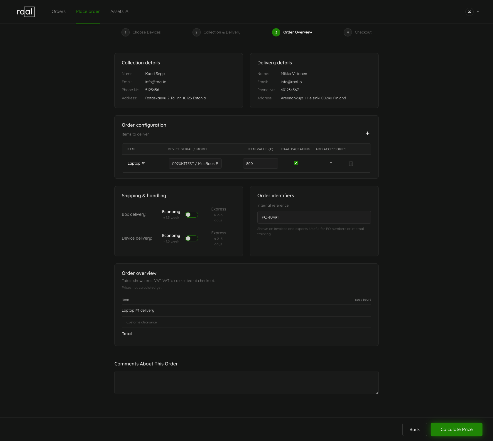 Step 3 of the order wizard before pricing, with the Calculate Price button