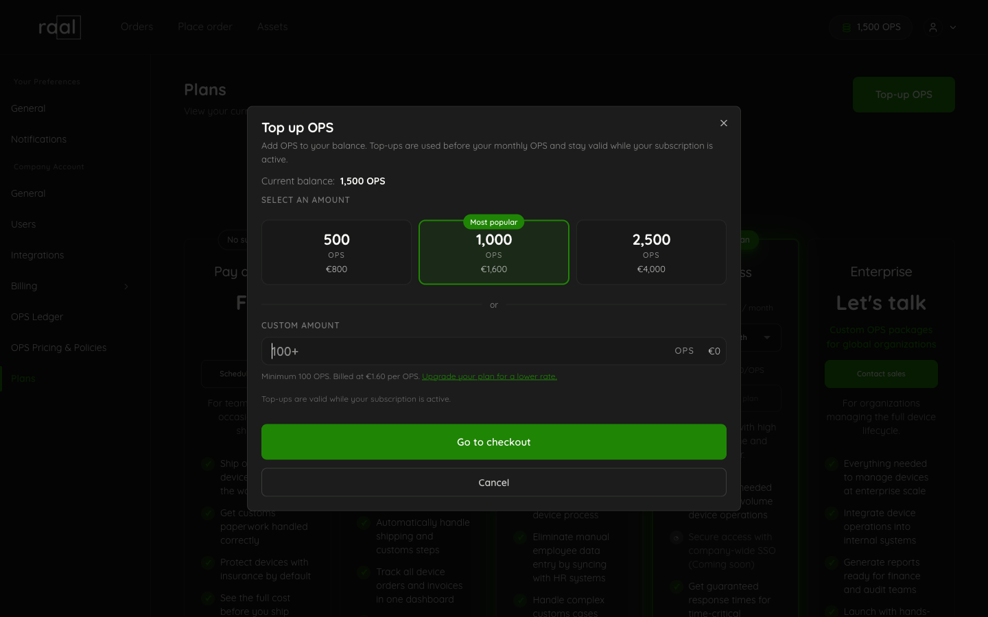 Top up OPS dialog with 500, 1000 and 2500 OPS presets and a custom amount field