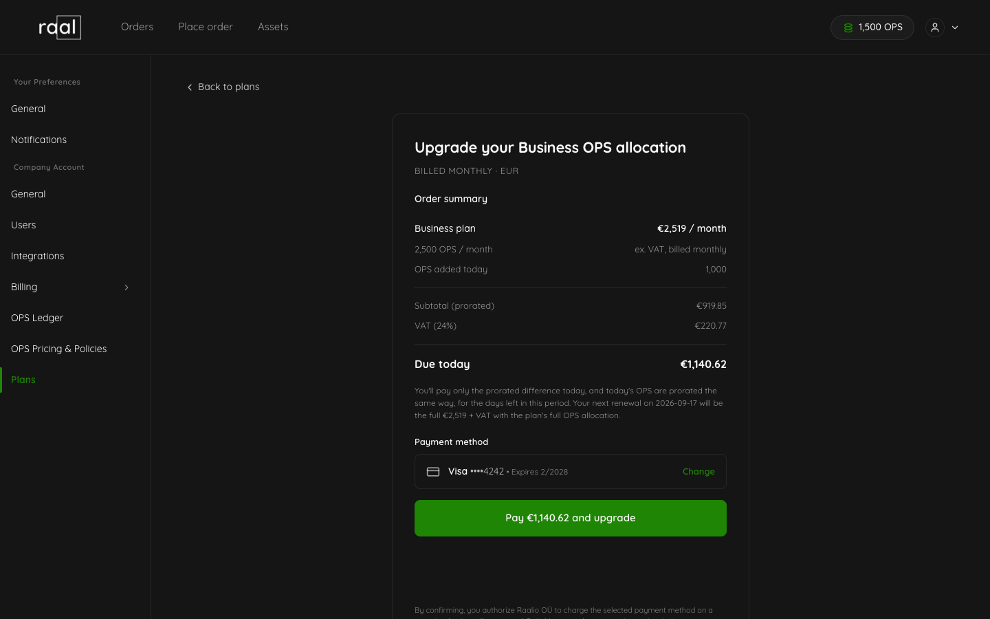 Upgrade checkout showing prorated subtotal, OPS added today and amount due today