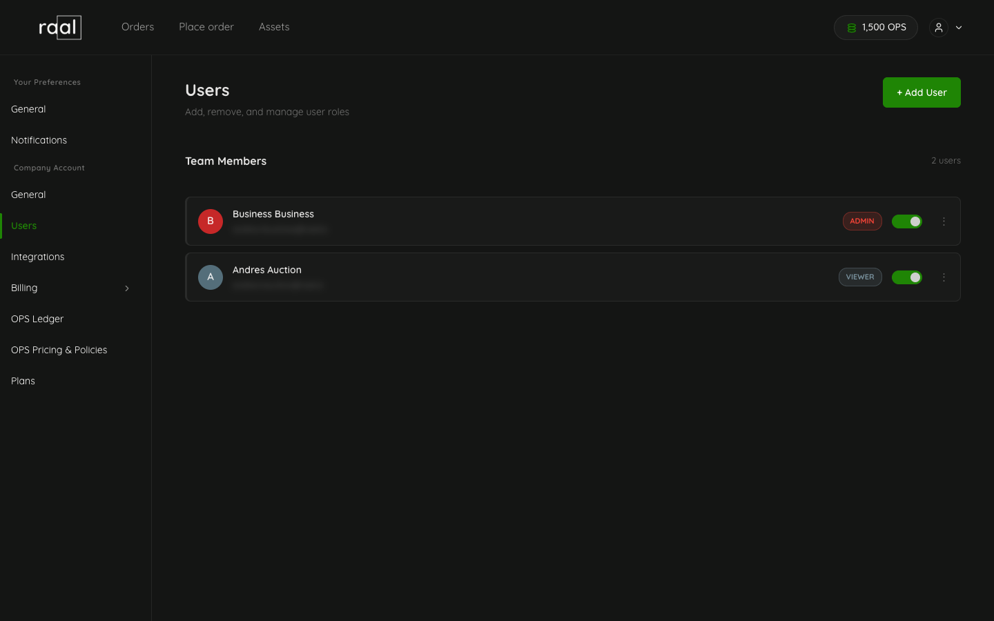 Users page with the team member list, role badges and the Add User button