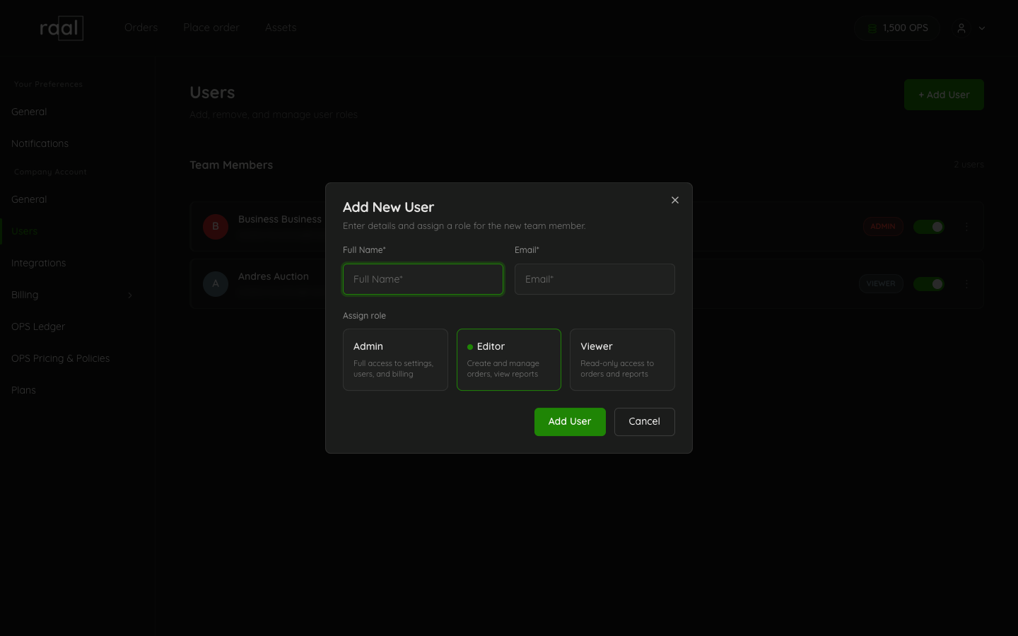 Add New User dialog with Full Name, Email and the three role cards