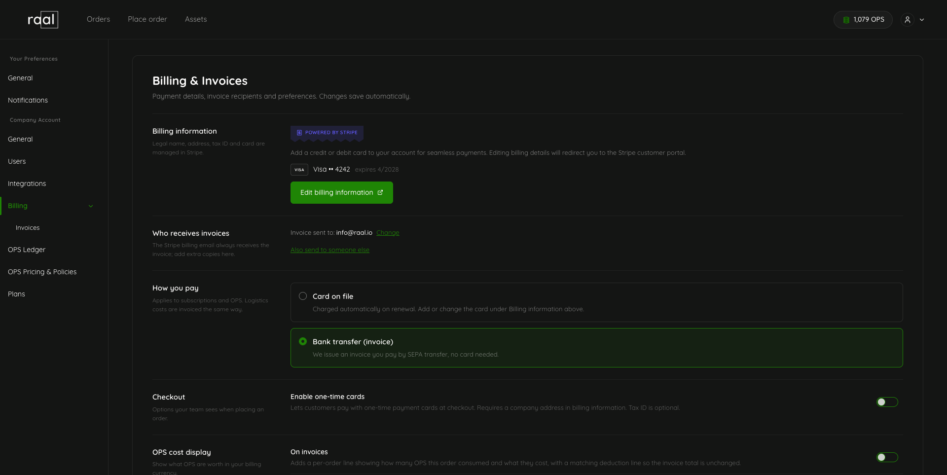 Billing page showing Billing information, Who receives invoices, How you pay and the invoice list