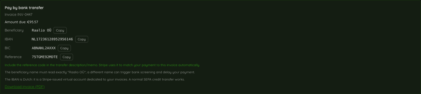 Expanded bank transfer payment details, showing beneficiary, IBAN, BIC and reference